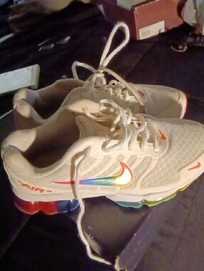 Nike Kids White Sneakers with Rainbow Swoosh